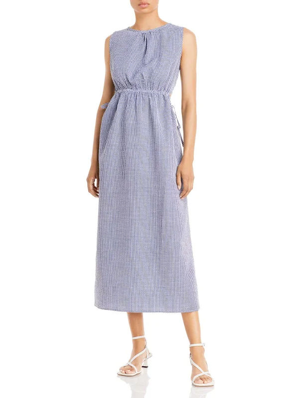 Midi dresses with voluminous skirts-Womens Gingham Keyhole Midi Dress