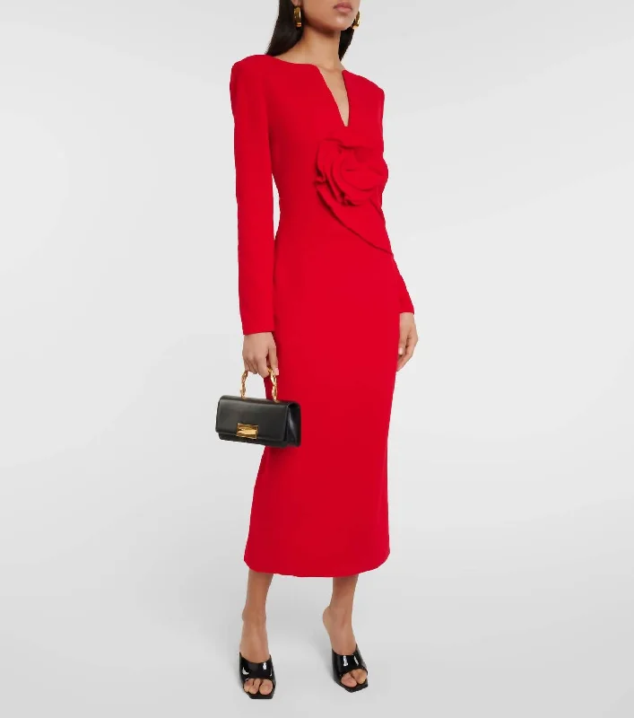 Formal midi dresses for winter-Floral Appliqué Wool Crepe Midi Dress In Red