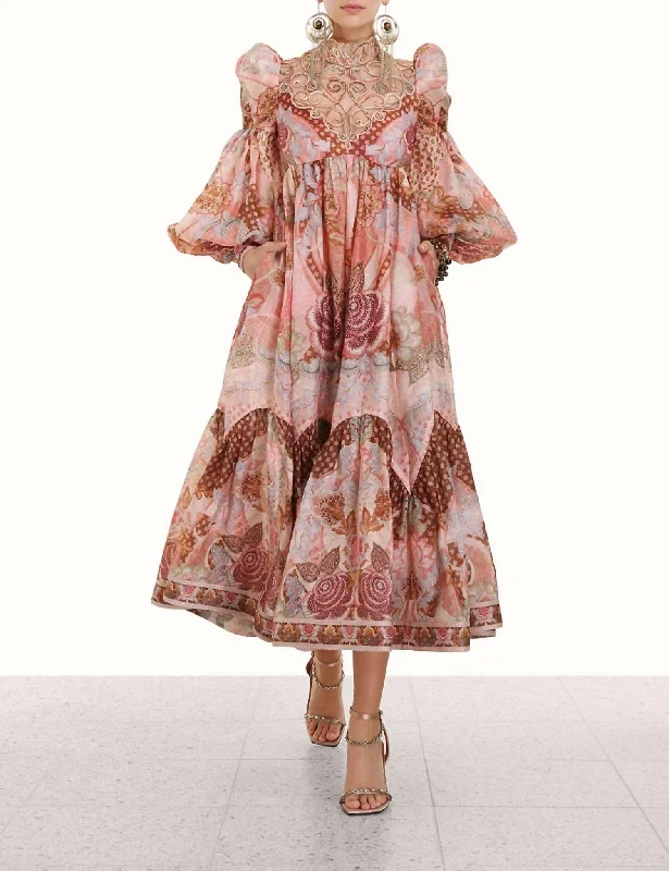 Midi dresses with a cut-out design-Kaleidoscope Swirl Yoke Midi Dress In Apricot Floral