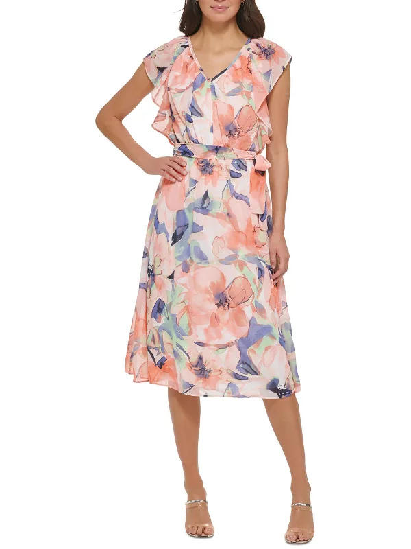 Casual midi dresses for everyday use-Womens Floral Print V Neck Midi Dress