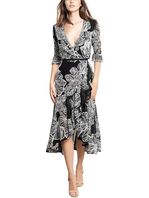 Elegant midi dresses for bridesmaids-Ophelia Womens Embroidered Midi Wrap Dress