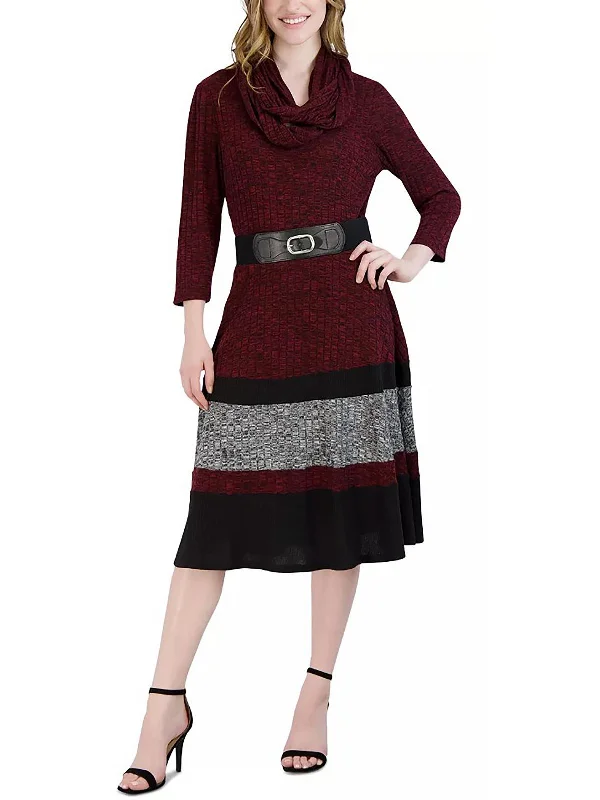 Classic midi dresses for dinner parties-Petites Womens Belted Midi Sweaterdress