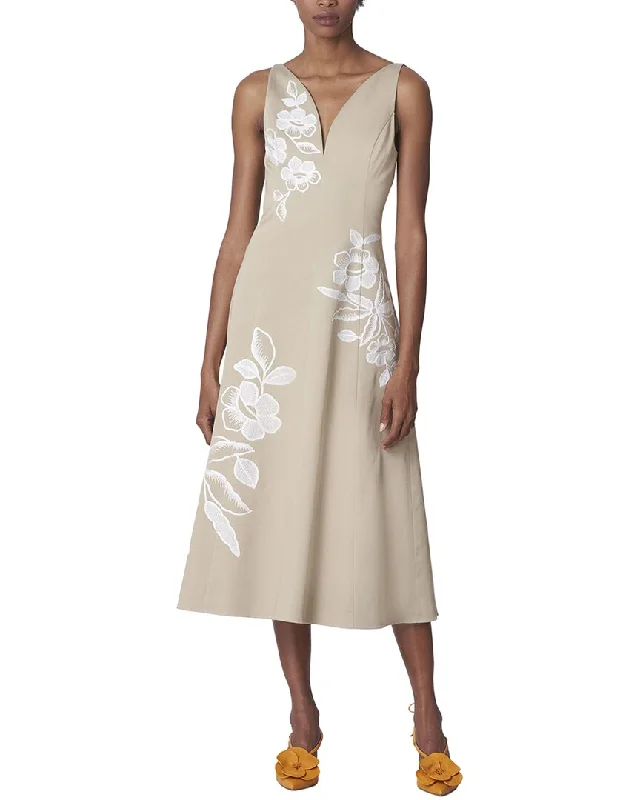 Elegant midi dresses for bridesmaids-Carolina Herrera Embroidered V-Neck Midi Dress