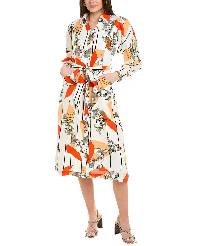 Trendy midi dresses for romantic dinners-Gracia V-Collar Belted Button-Down Midi Shirtdress