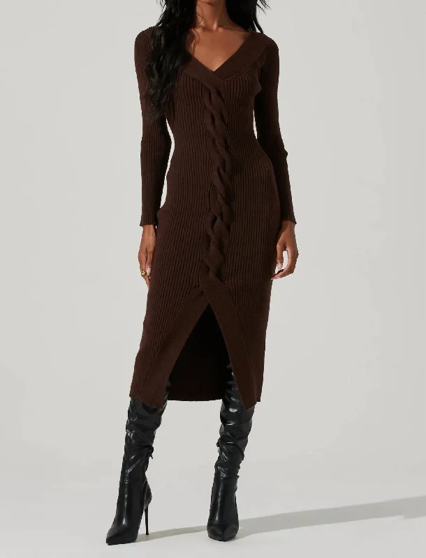 Midi dresses with a belt-Vesper Knit Midi Dress In Dark Brown