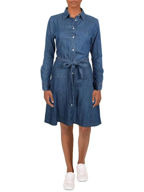 Lightweight midi dresses for vacation-Womens Denim Midi Shift Dress