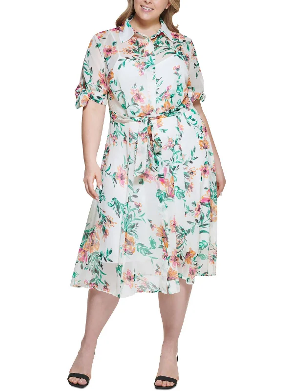 Midi dresses with ribbon details-Plus Womens Printed Midi Shirtdress