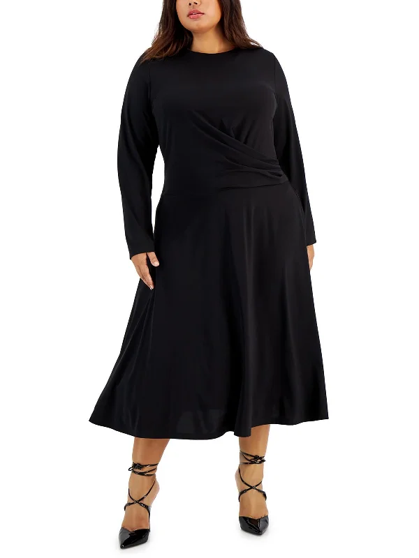 Trendy midi dresses with fun designs-Plus Womens Gathered A-Line Midi Dress