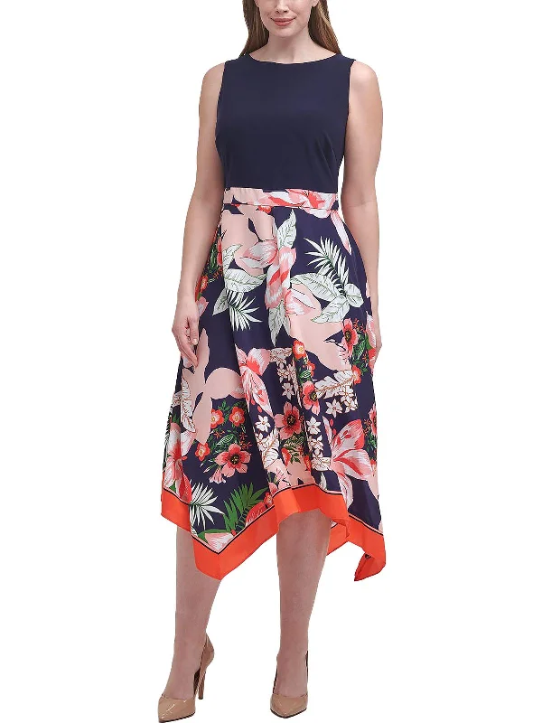 Trendy midi dresses for beach celebrations-Plus Womens Floral Print Midi Fit & Flare Dress