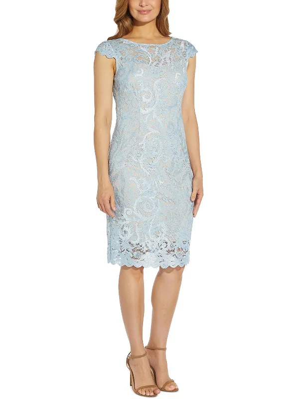 Casual midi dresses with trendy prints-Womens Lace-Overlay Midi Sheath Dress