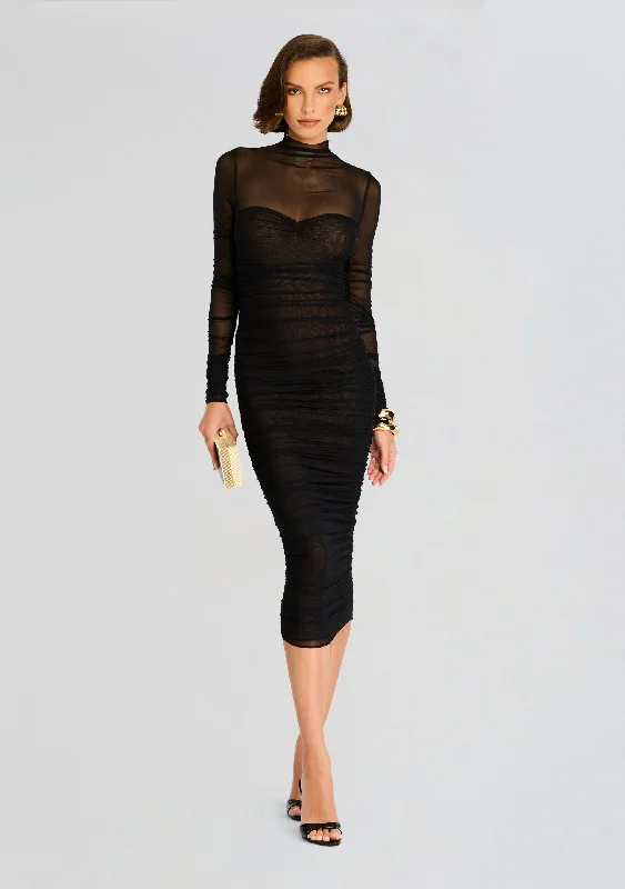 Silk midi dresses for evening wear-Trina Mesh Ruched Midi Dress