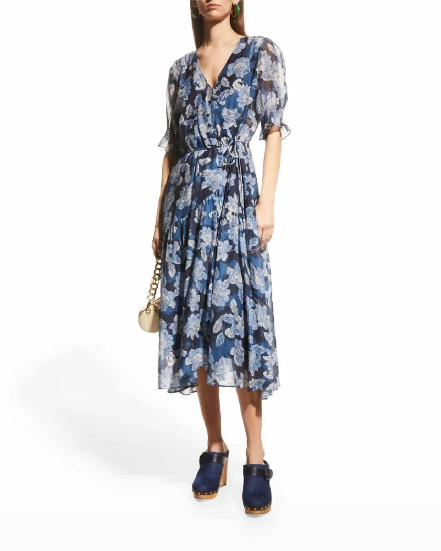 Midi dresses for a night out on the town-Mar Floral Print Midi Wrap Dress In Blue