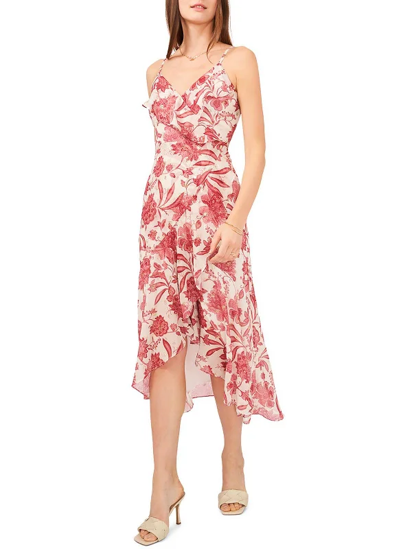 Midi dresses for evening cocktail parties-Womens Floral Wrap Midi Fit & Flare Dress