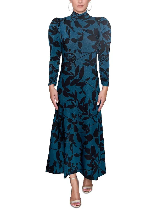 Casual midi dresses with floral embroidery-Womens Printed Puff Sleeves Midi Dress