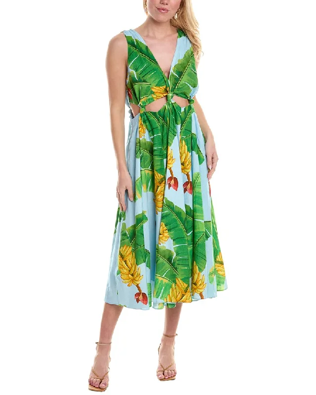 Midi dresses with high neckline-FARM Rio Fresh Bananas Cutout Linen-Blend Midi Dress