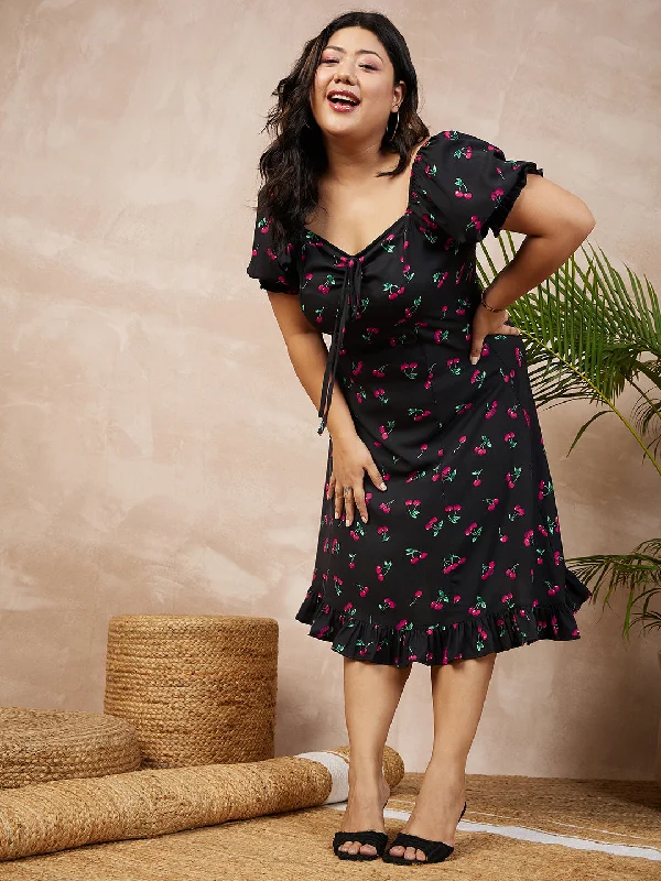 Midi dresses for garden tea parties-Berrylush Women Plus Size Black & Red Cherry Printed Sweetheart Neck Front Tie-Up Flounce Hem A-Line Midi Dress