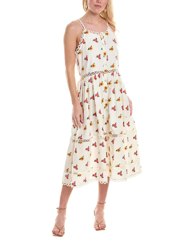 Cute midi dresses for summer-FARM Rio Embroidered Linen-Blend Midi Dress