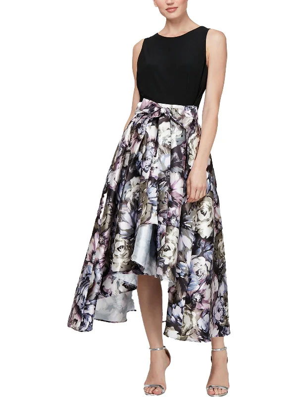 Midi dresses for evening cocktail parties-Petites Womens Floral Print Midi Evening Dress