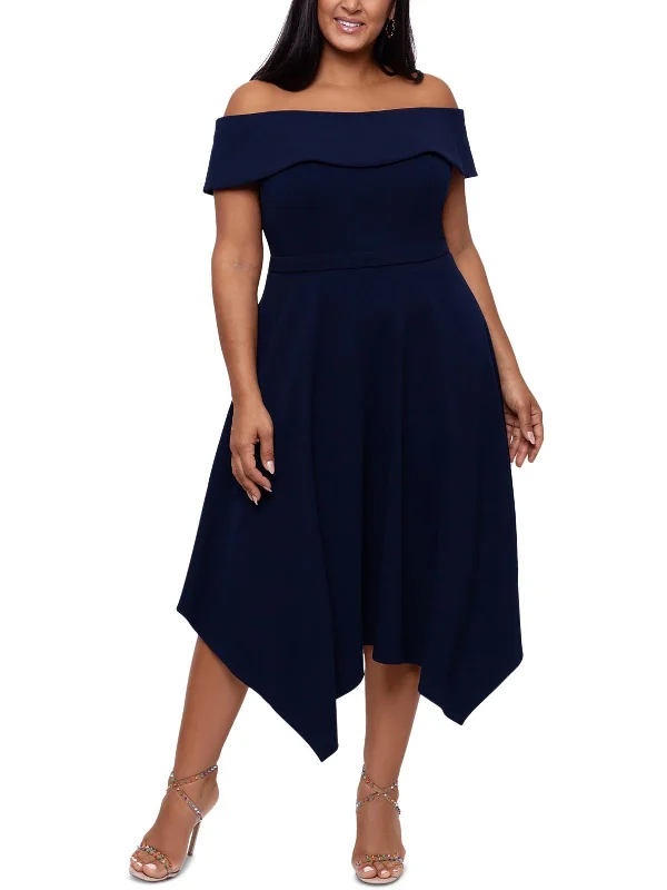 Midi dresses with asymmetrical cuts-Plus Womens Handerkerchief Hem Midi Sheath Dress