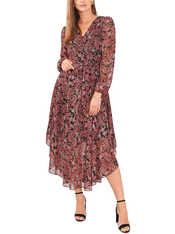 Midi dresses for a summer wedding-Petites Womens Shimmer Long Sleeve Midi Dress