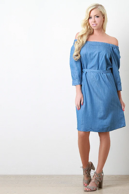 Midi dresses with sleeves for winter-Off The Shoulder Chambray Midi Dress