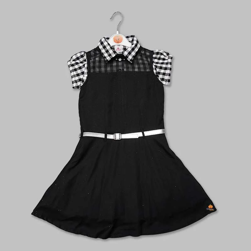 Midi dresses with pleated waist-Black Checked Girls Midi With Soft Fabric