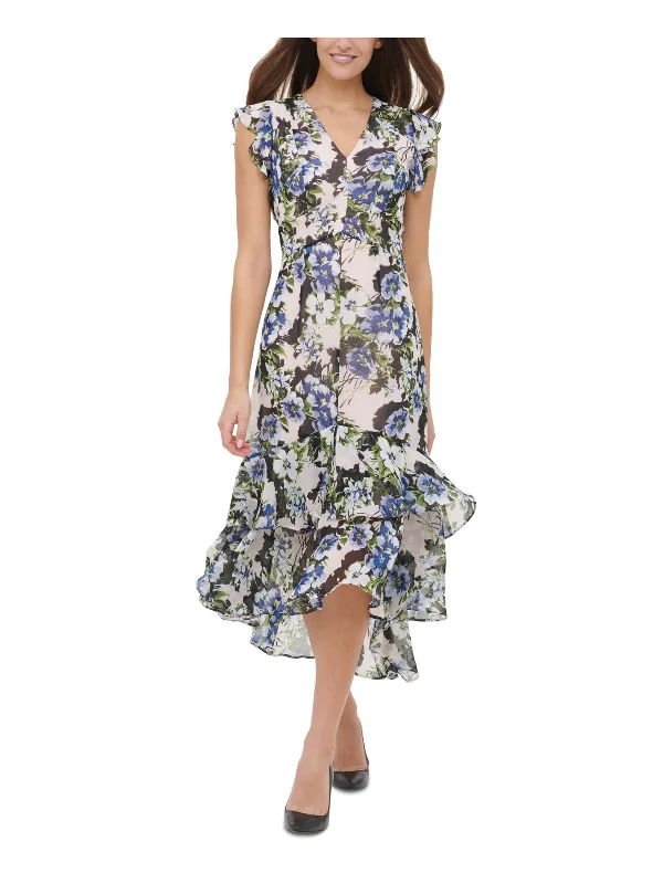 Elegant midi dresses for evening dinners-Womens Floral Ruffled Midi Dress