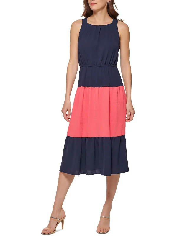 Trendy midi dresses for outdoor summer parties-Womens Colorblock Midi Fit & Flare Dress