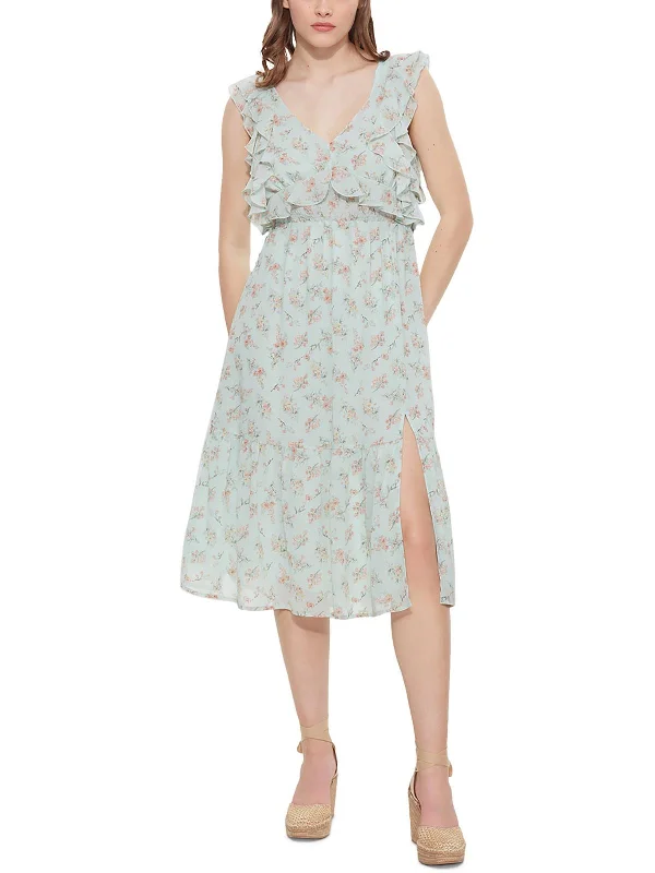 Casual midi dresses for lunch dates-Womens Chiffon Floral Midi Dress