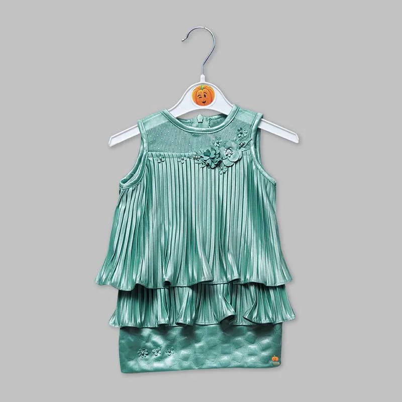 Stylish midi dresses for cocktail hours-Green Shiny Frilled Girls Midi