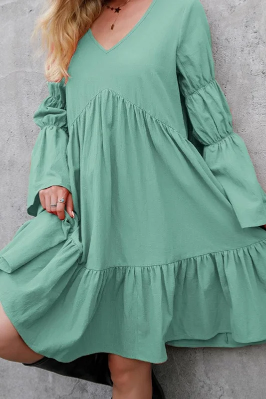 Stylish midi dresses for the office-LONG SLEEVE RUFFLED MIDI DRESS