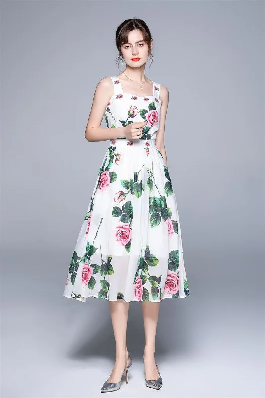 Floral print midi dresses-White ?ocktail & Party A-line Off The Shoulder Strap Midi Floral Dress