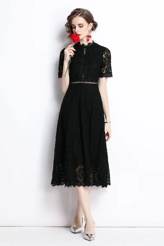 Midi dresses for summer-Black Evening A-line Crewneck Short Sleeve Midi Lace Dress