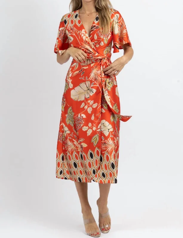 Vintage-inspired midi dresses-Waikiki Wrapped Satin Midi Dress In Orange/multi