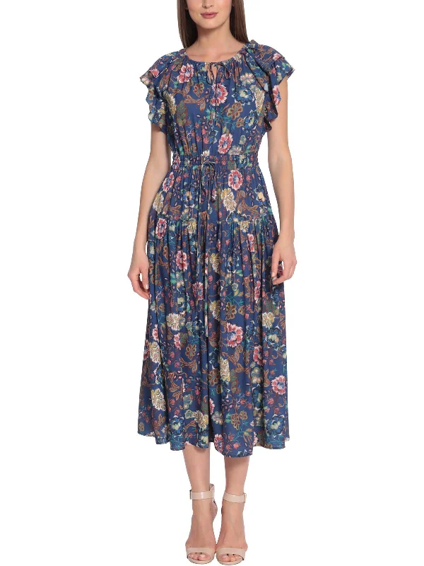 Midi dresses for a wedding guest-Womens Crepe Floral Midi Dress