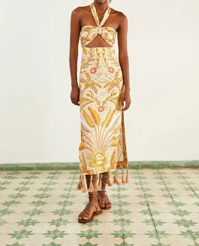 Comfortable midi dresses for weekend strolls-Jungle Chic Sand Midi Dress