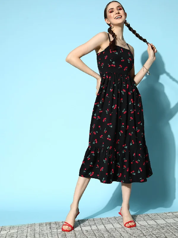 Midi dresses with mesh details-Berrylush Women Black & Red Cherry Printed Square Neck Sleeveless Flared A-Line Midi Dress