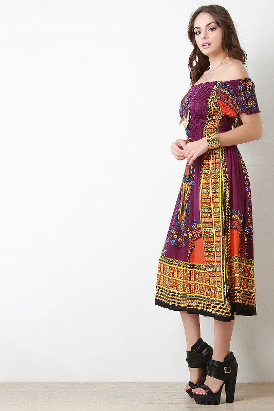 Comfortable midi dresses for casual wear-Off The Shoulder Dashiki Print Smocked Midi Dress