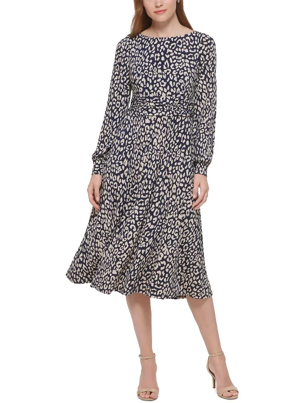 Chic midi dresses with bold prints-Womens Leopard Print Ruched Midi Dress