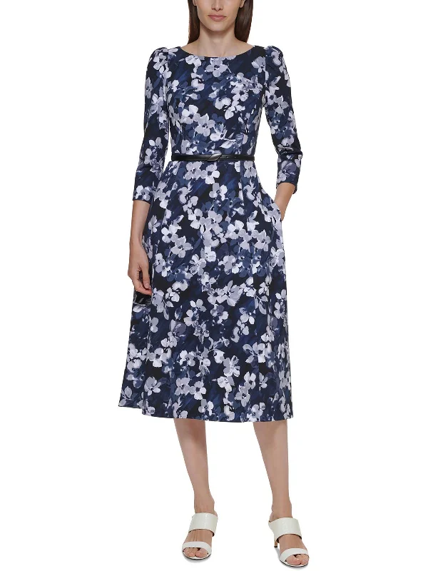 Comfortable midi dresses with short sleeves-Womens Knit Floral Midi Dress