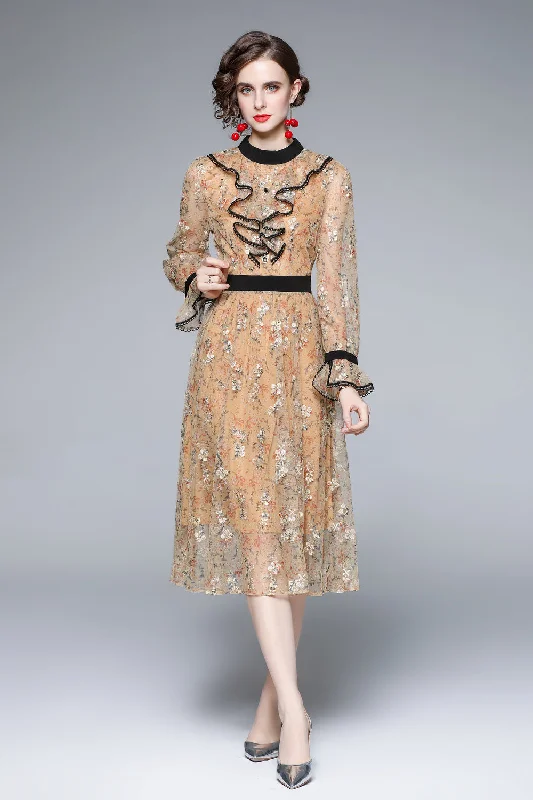 Midi dresses with sleeves for winter-Pale orange Evening Lace Ruffled A-line Crewneck Long Sleeve Midi Dress