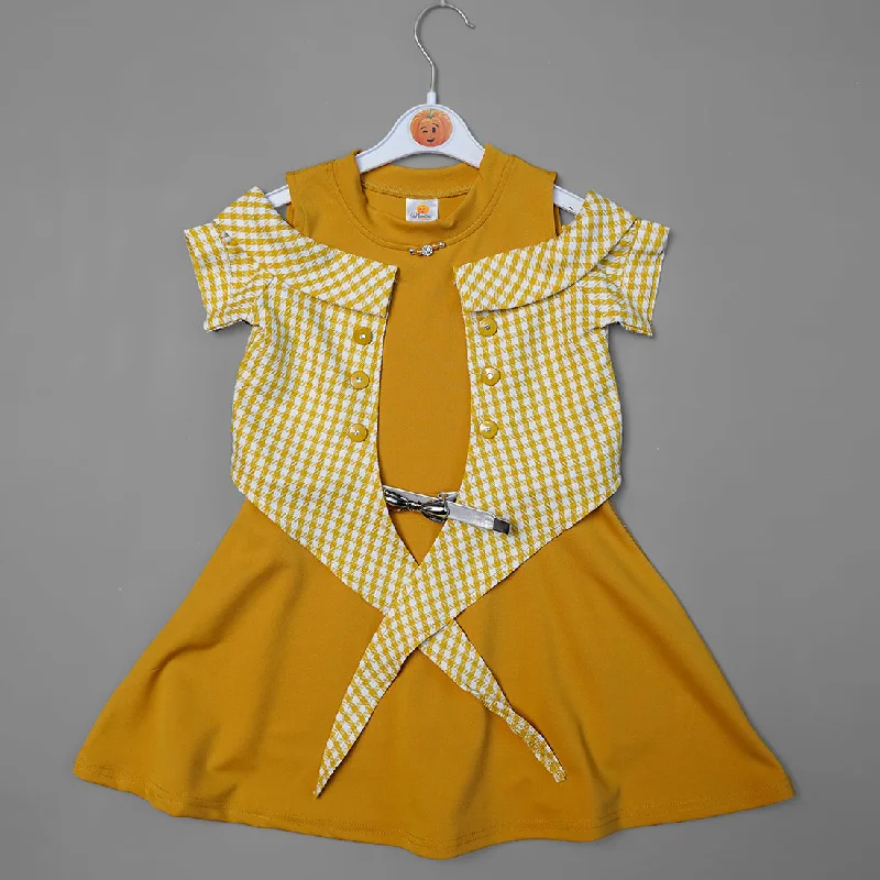 Midi dresses with wrap design-Mustard Girls Midi with Checked Top