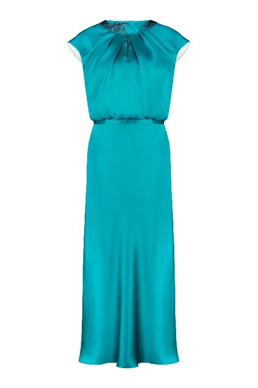 Stylish midi dresses for holidays-CLUSIA TEAL SILK SATIN MIDI DRESS WITH CRYSTAL EMBELLISHED NECKLINE