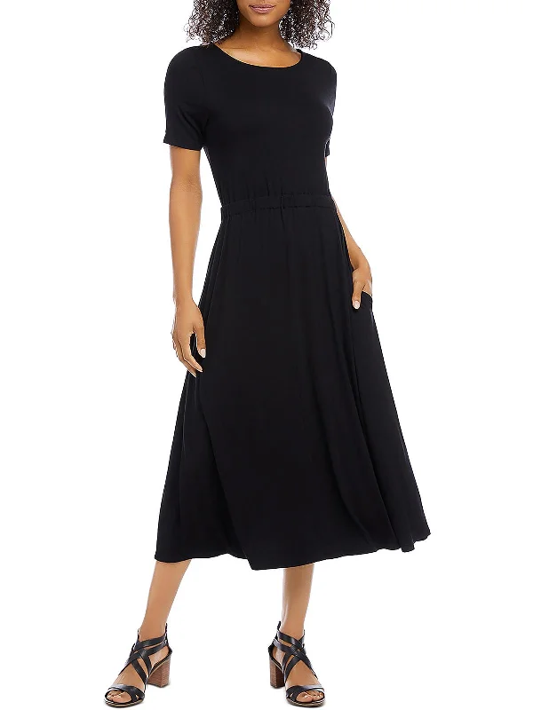 Modern midi dresses for fall weddings-Artisan Womens Crewneck Short Sleeve Midi Dress