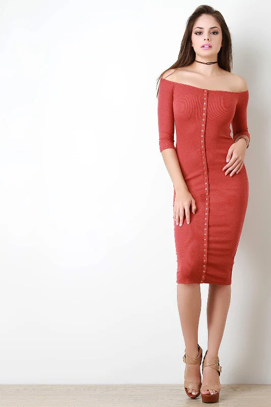 Midi dresses with ruffle sleeves-Off The Shoulder Snap Front Rib Knit Bodycon Midi Dress