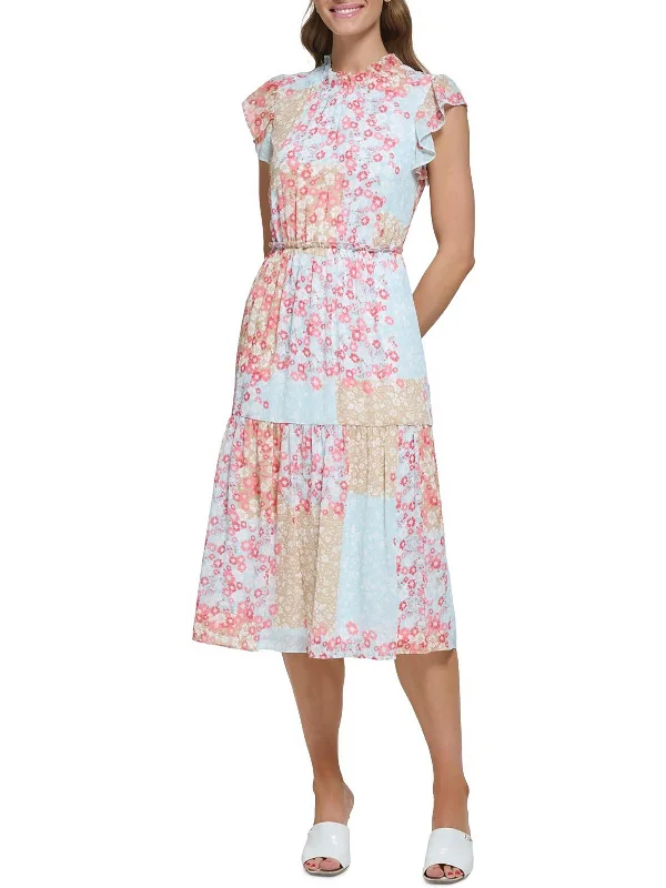 Midi dresses with comfortable waistline-Womens Floral Tiered Midi Dress