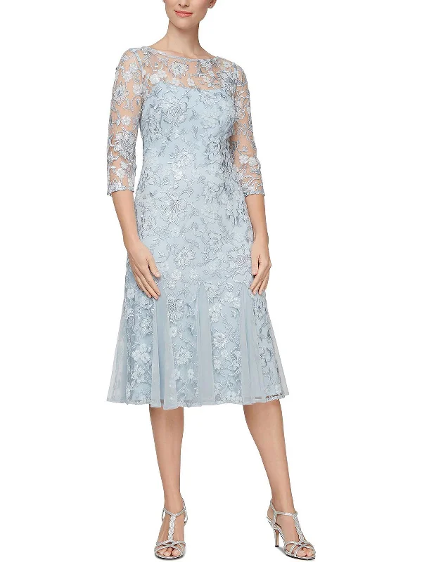 Casual midi dresses with floral embroidery-Petites Womens Lace Sequined Midi Dress