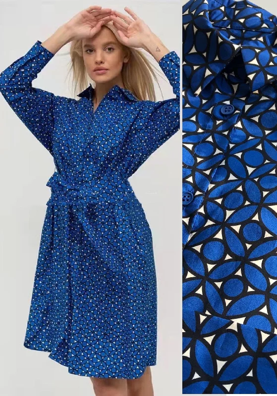 Midi dresses for spring with floral print-Nonotihng|100%Cotton shirt  midi dress in blue