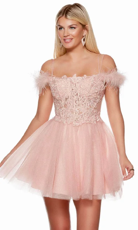 Alyce Paris 3129 - Feather Detailed Off-Shoulder Cocktail Dress