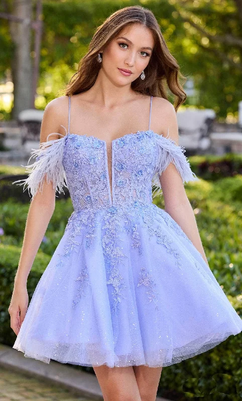 Amarra 88663 - Feather Detailed Off-Shoulder Corset Cocktail Dress